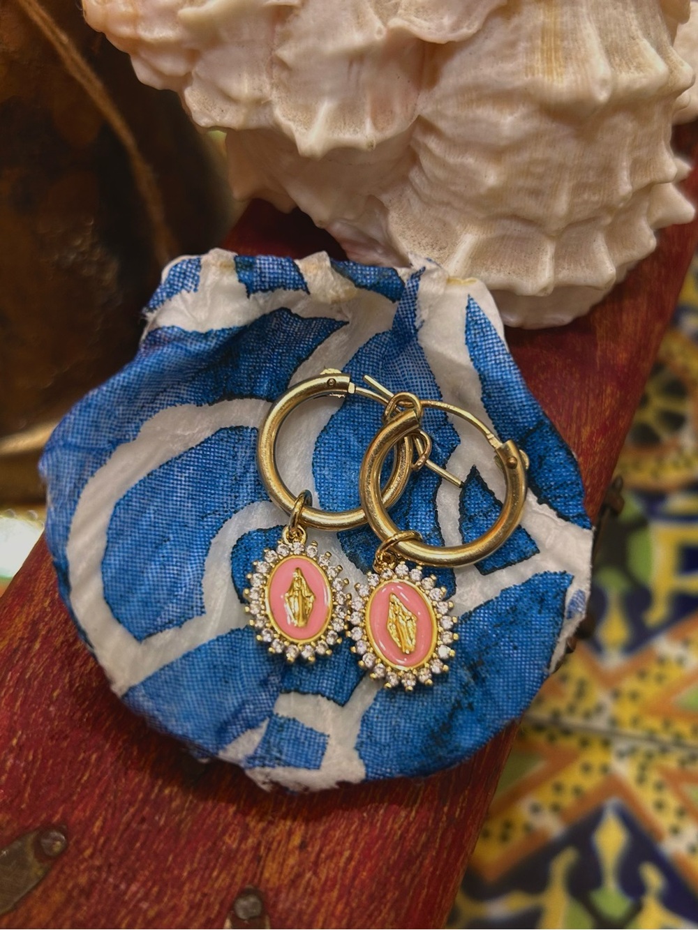 Gold Hoop Earrings with Pink Medallion and Guadalupe 14 k gold filled